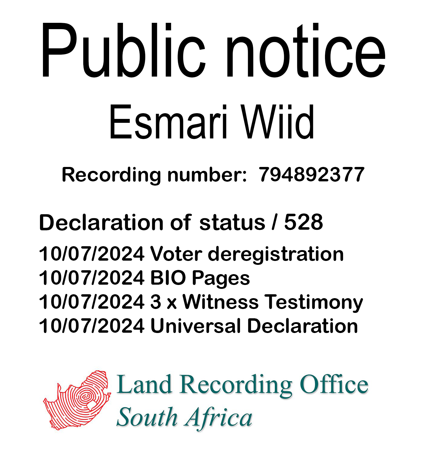 Public notice Esmari Wiid Recording number 794892377